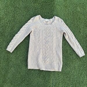 Garnet Hill Women's Beige Cable Knit Pointelle Scoop Neck Sweater XS